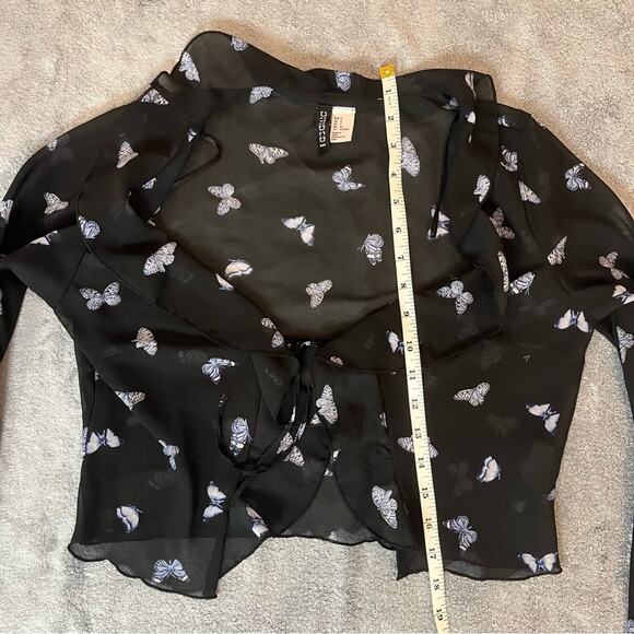 H&M Divided Black Blue Butterfly Sheer Flounce-Trimmed Chiffon Blouse Size Small - Picture 7 of 9